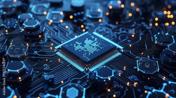 Fototapeta A depiction of AI integrated into a microchip, surrounded by hexagonal elements that form a 3D illusion, with detailed blue circuit board pathways interconnecting the design.