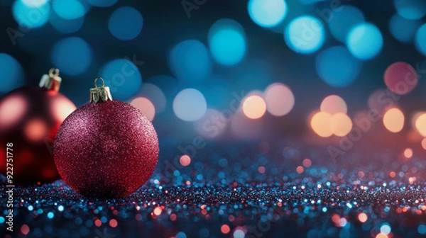 Fototapeta red christmas baubles on blue shiny and glittering background with blurry fairy lights bokeh, copyspace