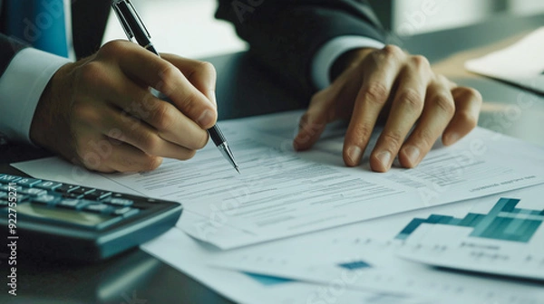 Fototapeta Detailed view of a businessman analyzing financial documents, highlighting meticulous planning and strategic thinking.
