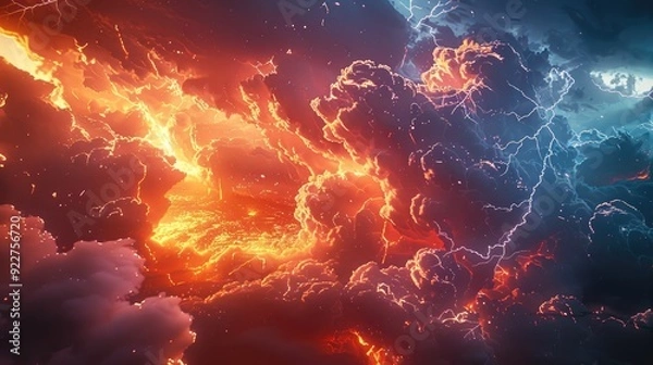 Fototapeta An epic sky where huge clouds gather and lightning illuminates them, with red flames erupting from inside them. Generative AI.