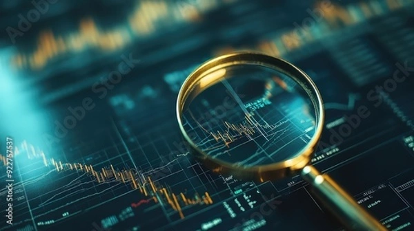 Fototapeta A magnifying glass over a cryptocurrency exchange platform showing detailed market analysis.