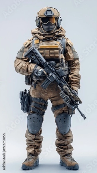 Fototapeta A determined armored assault vehicle crew member in full combat gear, preparing for a mission in a light solid color background