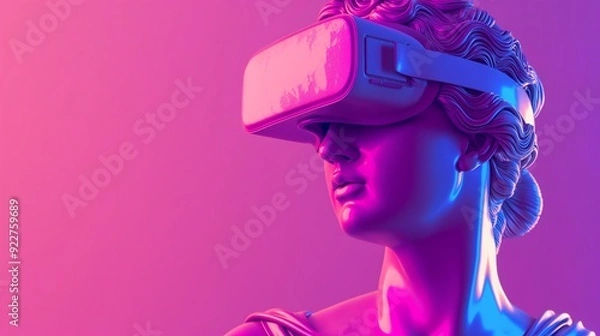 Fototapeta Ancient Greek goddess is using visual reality headset, on trendy modern pink purple neon light background with large empty space.