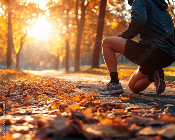 Obraz A man in athletic gear prepares for a run in an autumn park, surrounded by fallen leaves and bathed in warm sunrise light