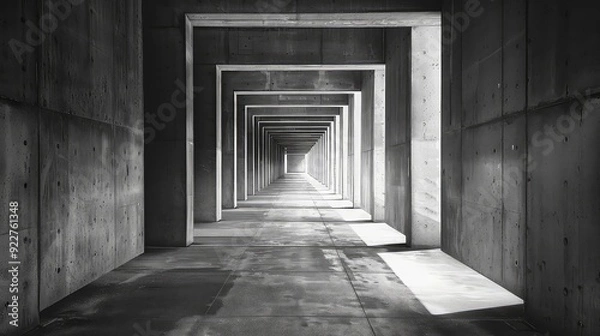 Fototapeta A black and white photo of a long, narrow, concrete hallway with a series of doorways leading to a bright, light-filled space at the end.