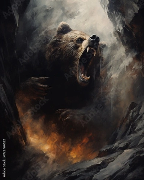 Fototapeta Hyper-Realistic Painting of a Bear Roaring in a Dark Cave