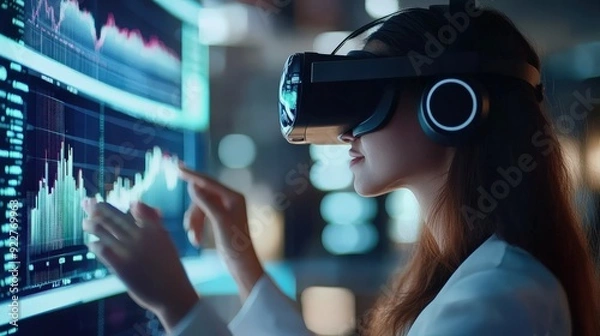 Fototapeta Virtual reality headset user interacting with a virtual cryptocurrency trading platform.