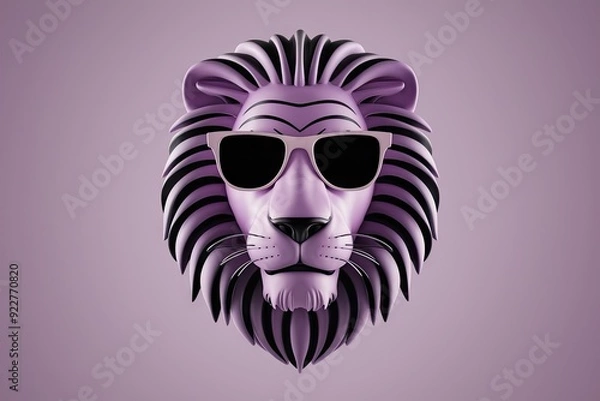 Fototapeta 3D render of an abstract lion face in violet and black, sporting luxury sunglasses. Copy space.