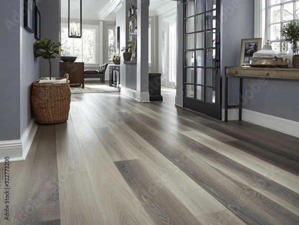 Obraz a modern farmhouse style foyer with gray LVP flooring. The walls are also painted gray. --chaos 20 --ar 4:3 --style raw --v 6.1 Job ID: dbb37aa9-231b-47d7-9874-6c61df8eab8d