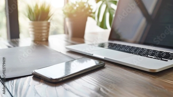 Fototapeta Modern Workspace with Laptop and Smartphone