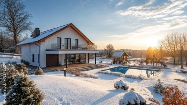 Fototapeta Charming suburban house surrounded by a blanket of snow, with a peaceful winter landscape, bare trees, and a clear blue sky.
