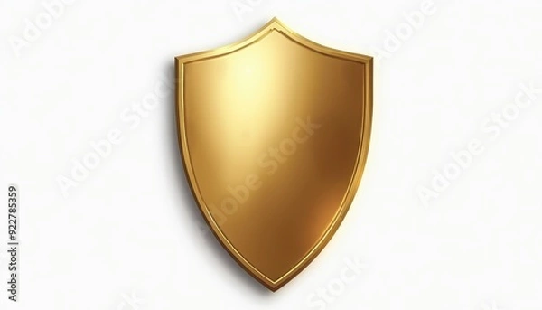 Fototapeta A shiny golden shield with a polished surface, symbolizing protection and security on a white background.