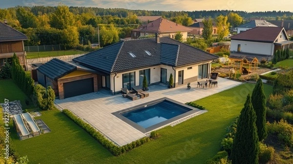 Fototapeta Aerial shot of a stylish modern home featuring a swimming pool, expansive patio, and meticulously landscaped garden in a peaceful suburban setting.
