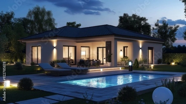Fototapeta Elegant modern house with an illuminated swimming pool, glowing exterior lights, and a tranquil garden setting under the night sky.

