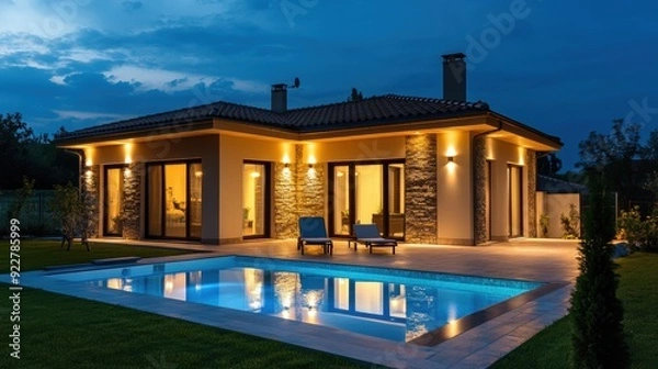 Fototapeta Elegant modern house with an illuminated swimming pool, glowing exterior lights, and a tranquil garden setting under the night sky.
