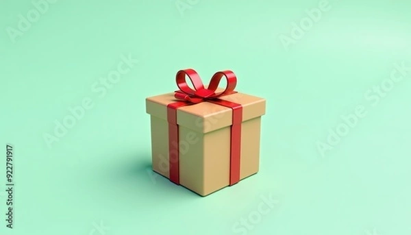 Fototapeta A neatly wrapped gift box with a red ribbon and bow against a mint green background.