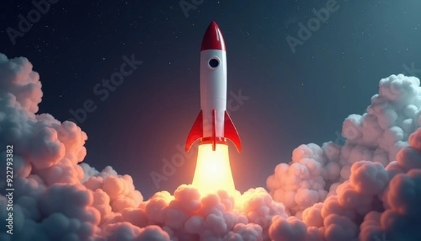 Fototapeta A rocket launching amid clouds with a glowing orange exhaust, heading into a starry night sky.