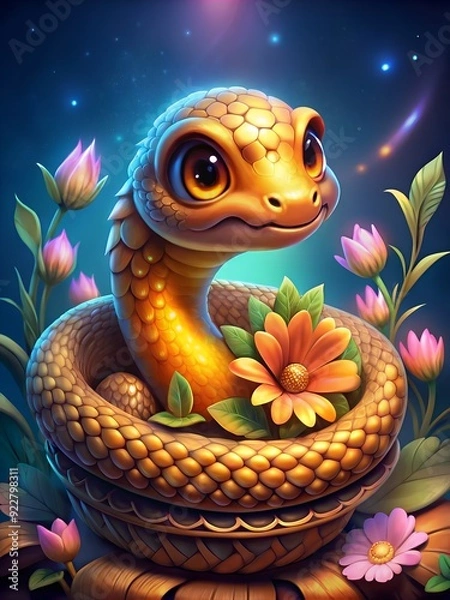 Fototapeta Cute cartoon golden snake in a wicker basket with flowers on a blue glowing background