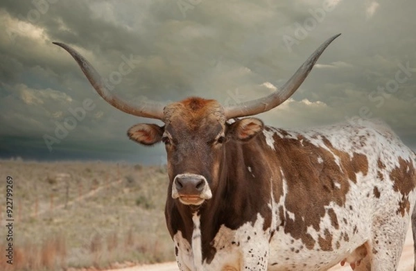 Fototapeta Portrait of a Texas longhorn cow in a pasture in the Oklahoma panhandle.