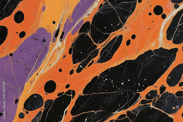 Fototapeta Marble Paper Background with Black, Orange, and Purple Colors, Featuring Abstract Swirling Patterns and Elegant Fluid Art Design