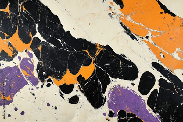 Fototapeta Marble Paper Background with White, Black, Orange, and Purple Colors, Featuring Abstract Swirling Patterns and Elegant Fluid Art Design