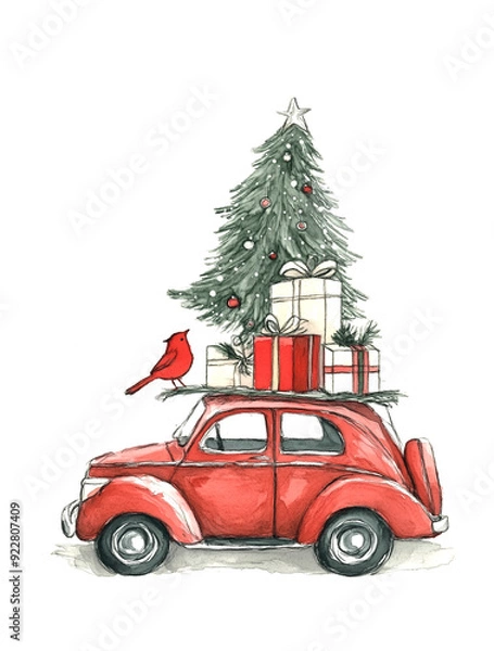 Fototapeta Whimsical Christmas Illustration of a Red Car Carrying a Tree, Presents, and a Cute Bird, Perfect for Festive Holiday Decor and Seasonal Greetings