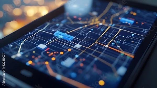 Obraz A close-up of a tablet or smartphone displaying real-time logistics management software, with delivery routes, inventory tracking, and predictive analytics, illustrating the impact of technology on lo