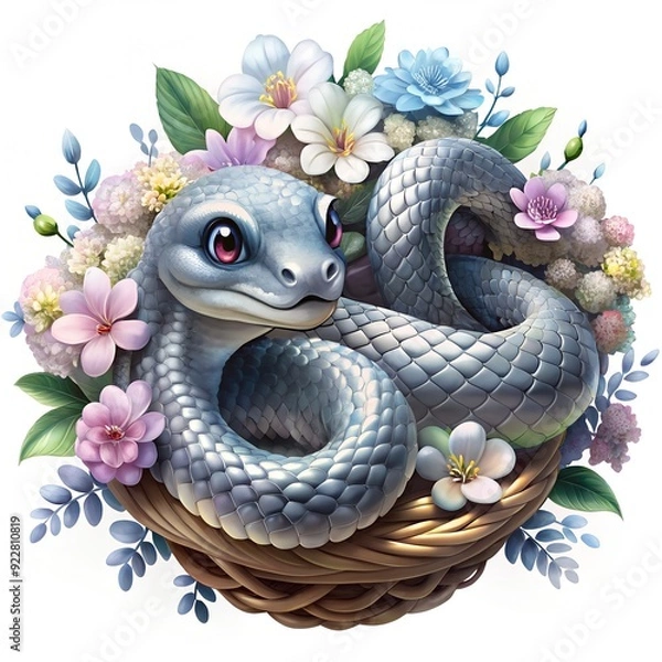 Fototapeta Cute gray or silver snake with flowers in a basket isolated on white background.
