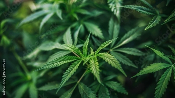 Obraz A close-up shot of a lush, vibrant cannabis plant with fresh green leaves basking in natural light, representing the growth and cultivation of medicinal and recreational cannabis.