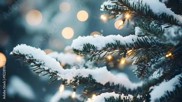 Fototapeta Christmas tree with snow on it and lights on it
