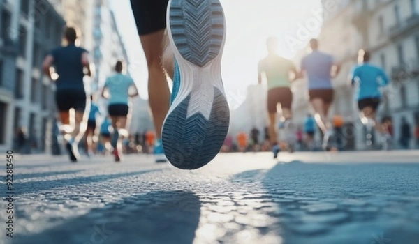 Fototapeta Multiple runners wearing different types of sneakers running on the street on a marathon with a low angle view photographic shot, outdoor race, sports event, sunny day