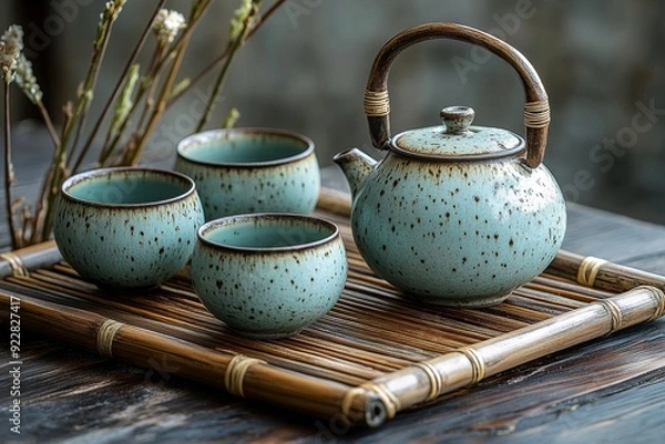 Fototapeta Traditional blue ceramic teapot and tea cups on a bamboo tray, featuring a rustic Japanese tea set for a serene tea ceremony