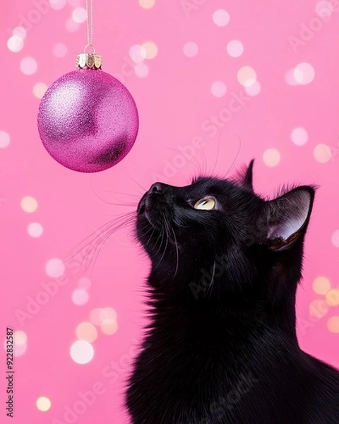 Fototapeta A curious black cat intently looks at a shimmering pink Christmas ornament against a soft pink background with bokeh lights. Christmas and New Year festive concept.