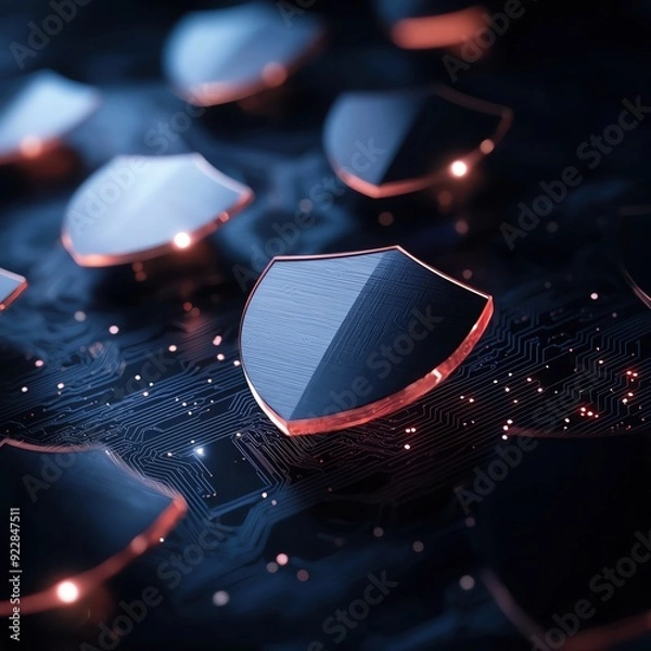 Fototapeta Stylish digital shield design on a circuit board, symbolizing cybersecurity and protection in a modern tech environment.