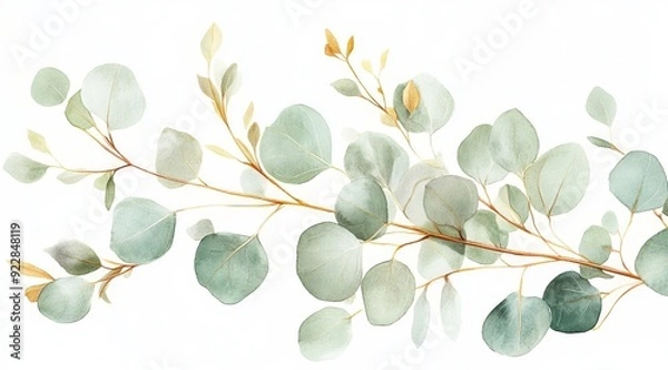 Fototapeta This beautiful watercolor illustration features a eucalyptus sprig with soft green leaves and elegant branches, ideal for home decor or inspiring botanical designs in creative projects