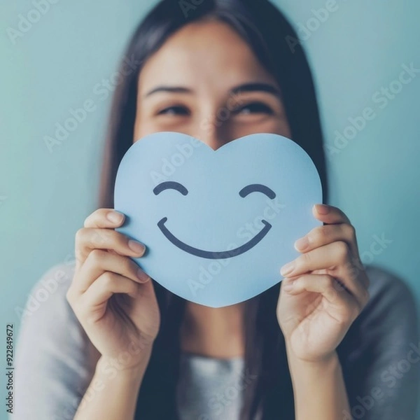 Obraz Embracing Positivity: A Woman Crafts a Joyful Smile on Blue Paper for World Mental Health Day, Symbolizing the Importance of Active Thinking and Psychological Well-being.