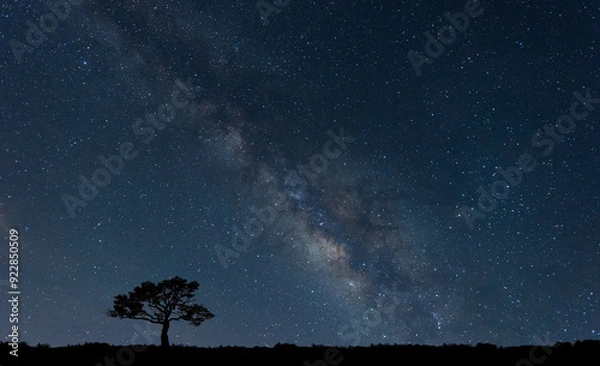 Fototapeta Panorama blue night sky milky way and star on dark background.Universe filled with stars, nebula and galaxy with noise and grain.Photo by long exposure