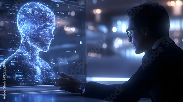 Obraz Futuristic AI technology artificial intelligence human people interaction talk interact conversation data information machine learning digital collaborate integration future work