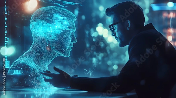 Obraz Futuristic AI technology artificial intelligence human people interaction talk interact conversation data information machine learning digital collaborate integration future work