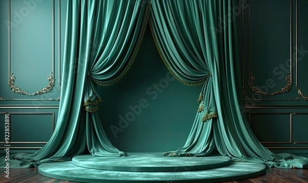 Fototapeta showcase luxury products on an elegant emerald green satin podium backdrop perfect for high end branding,presentations generative ai.