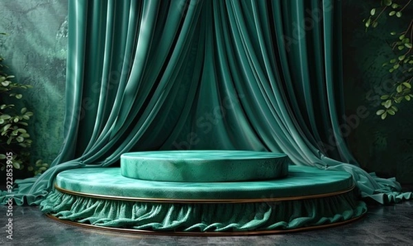Fototapeta showcase luxury products on an elegant emerald green satin podium backdrop perfect for high end branding,presentations generative ai.