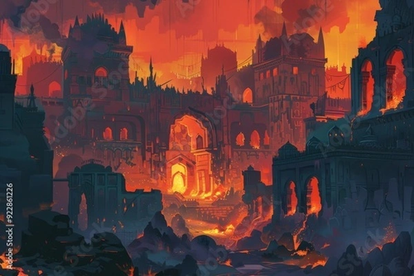 Obraz A digital painting depicts a dark, gothic city engulfed in flames. The sky is a fiery orange, casting an eerie glow over the crumbling architecture. The city's silhouette is jagged and menacing, with 