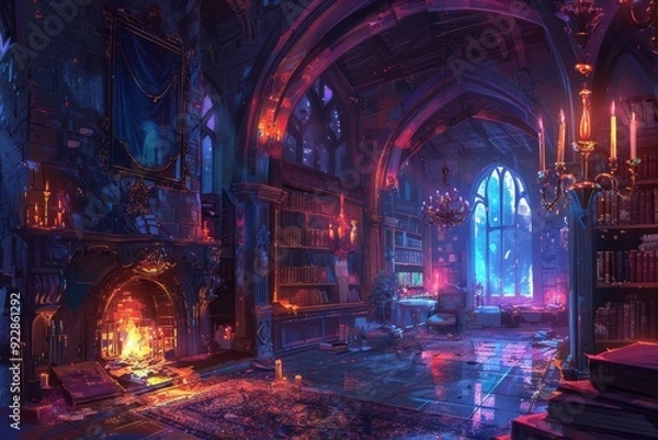 Obraz An atmospheric digital painting of a Gothic castle interior, featuring a burning fireplace, towering bookshelves, and stained glass windows glowing with dramatic blues and reds