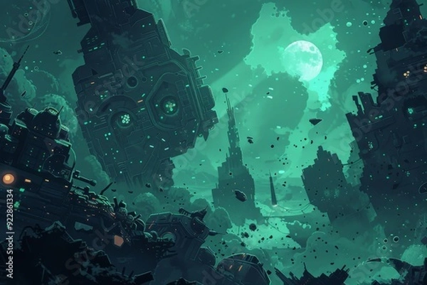 Obraz Submerged city ruins with a full moon and scattered debris, creating an eerie and mystical underwater scene