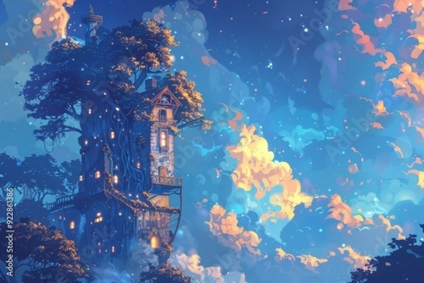 Obraz Magical treehouse perched amidst a starry night sky with glowing clouds, creating a whimsical fantasy scene
