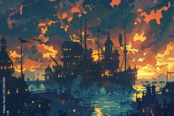 Obraz Fantasy cityscape with a large, silhouetted ship against a dramatic sunset sky, creating a whimsical and adventurous scene
