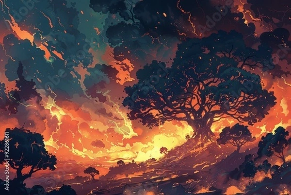 Obraz Dramatic landscape with silhouetted trees against a fiery sky, creating a fantasy or apocalyptic scene