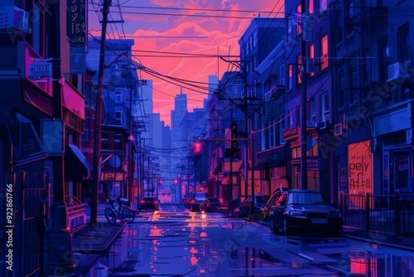 Obraz Rain-soaked city street at dusk, with neon lights reflecting on wet pavement,