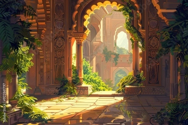 Obraz Sunlit courtyard with ornate arches, lush greenery, and a warm golden glow, evokes a sense of ancient beauty and tranquil serenity