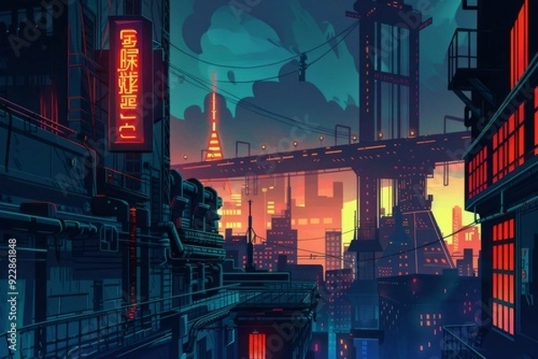 Fototapeta Cyberpunk cityscape with neon signs, towering structures, and a misty atmosphere, evokes a sense of gritty urban futurism and technological mystery